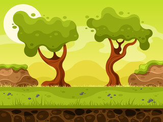 Nature landscape for 2d game. Cartoon background with trees and stones. Vector illustration