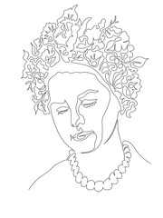 Young woman portrait with a wreath of flowers on her head. Minimalistic black and white image made in continuous one-line art technique