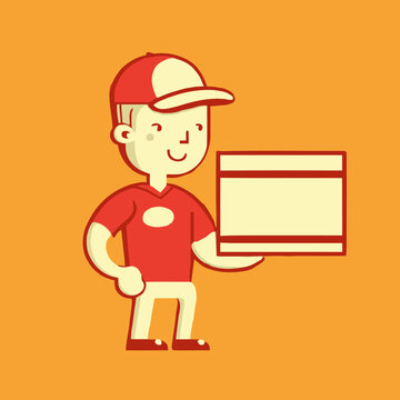 delivery man holding box package wearing uniform and cap vector illustration