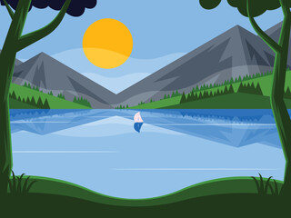 Lake at dawn. Sailboat on a mountain background. A sailing boat floating on a lake surrounded by mountains. Vector illustration