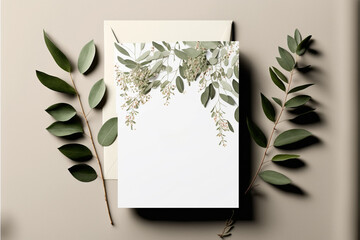 Wedding invitation card mockup with natural eucalyptus twigs. Blank card mockup on beige background.