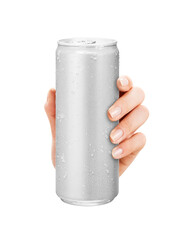 Close-up of hand holding Empty aluminum can with condensation. isolated on white Background. front...