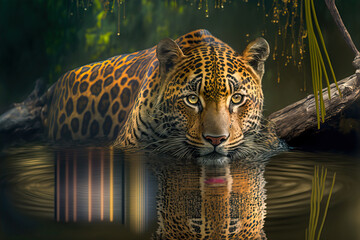 Close up beautiful leopard in water. Dangerous predator in natural habitat. Digital art	
 - obrazy, fototapety, plakaty