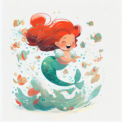 Naklejka na ściany i meble Cartoon. Cute mermaid smiling. generative ai