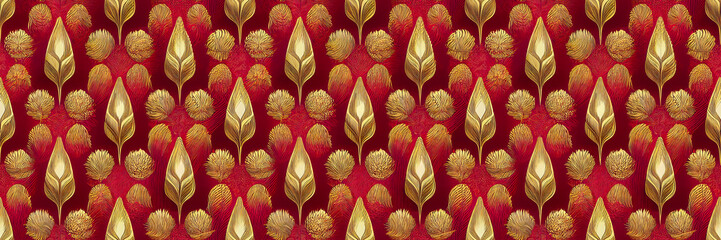 Seamless art nouveau botanical pattern. Abstract gold flowers on red background. Repeat pattern for wallpaper, fabric, paper packaging, curtains, duvet covers, pillows, digital print design