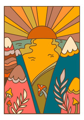 Fantasy cartoon landscape with sunrise and valley