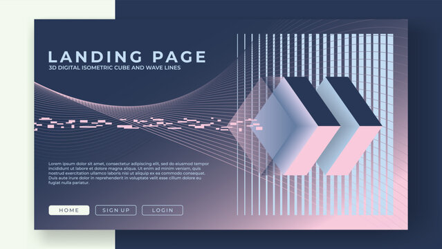 Fototapeta design 3d digital cube and wave lines abstract background for landing page website ui ux, poster, card,gift card, on wall poster Template, coverbook, banner,