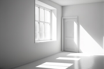 Empty white room with one window with minimalist furniture, generative ai