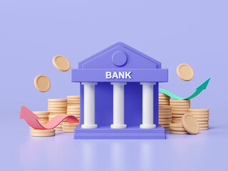 3d minimal bank building with coin floating. Deposit and withdrawal, transactions service of money, banking financial, Coins falling bank. Cartoon style concept with blue background 3d rendering - obrazy, fototapety, plakaty