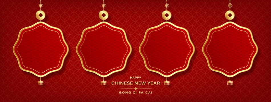 Asian style empty hanging frames on red oriental banner background for Lunar new year decoration
