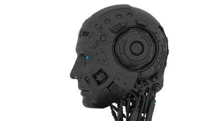 Detailed appearance of the black AI robot under white background. Concept 3D CG of automatic operation, optimization and block chain technology. PNG file format.
