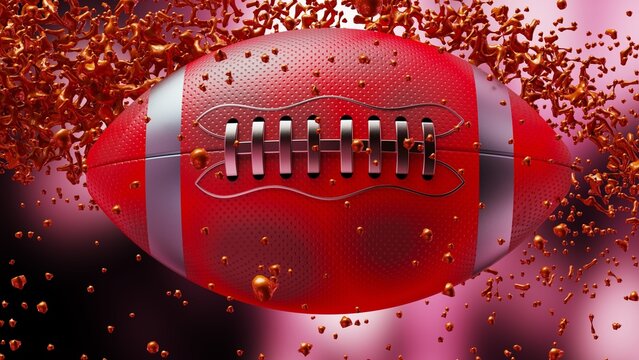 Silver-Red American Foot Ball with Red Particles under red flash light background. 3D illustration. 3D high quality rendering.