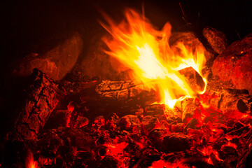 Embers od fire on the campfire, fire on the  fireplace, 