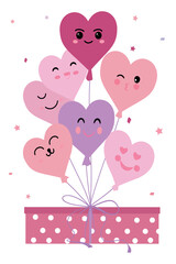Gift box and heart-shaped balloons. Vector illustration.