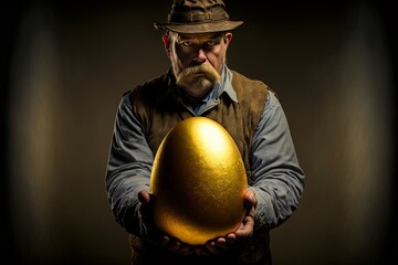 Bauer mit großem goldenem Ei, ai generativ