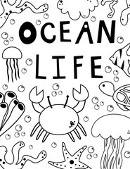 Vintage graphic card with sea and ocean flora and fauna. sea animals drawn in line art style on white background. EPS