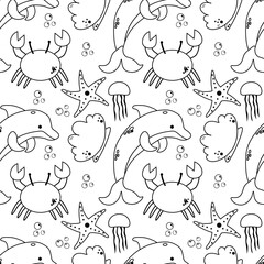 Seamless vector pattern with sketch of dolphins, crabs, sea shells and stars. Sea seamless vector pattern. Decoration print for wrapping, wallpaper, fabric. EPS