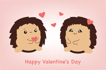 Cute hedgehogs. Valentine with lovers. Vector illustration isolated on pink background.