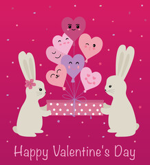 Cute rabbits are holding a gift box with balloons on top. Valentine's holiday card. Vector illustration isolated on a white background