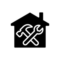 Repair and maintenance black glyph icon. Building restoration. Renovation service. Hammer and wrench. Silhouette symbol on white space. Solid pictogram. Vector isolated illustration