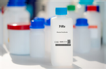 F6Re rhenium hexafluoride CAS 10049-17-9 chemical substance in white plastic laboratory packaging