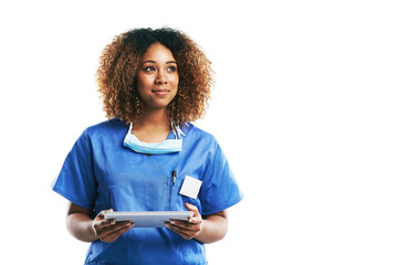 Fototapeta Nurse, healthcare and black woman with tablet in studio isolated on a white background mock up. Technology, wellness and thinking female medical physician with touchscreen for research or telehealth. obraz