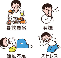 不健康・不摂生な生活をする男性セット（手書きカラー）
