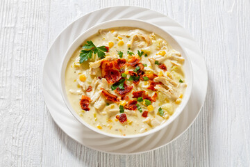 Chicken Corn Chowder in bowl, top view