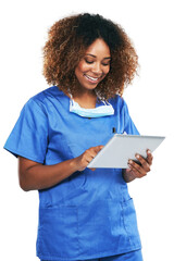 Doctor, black woman and tablet in studio with focus, smile and research for healthcare problem by...