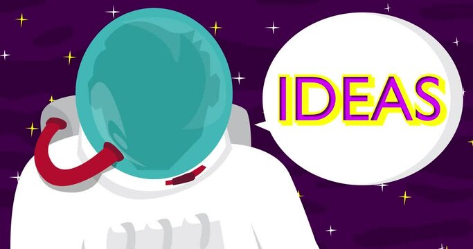 Astronaut saying Ideas in space with speech bubble. Abstract cartoon animation. 4k HD Format resolution video.