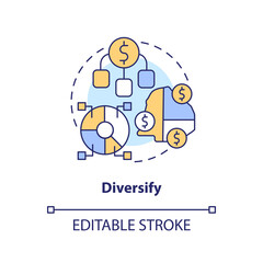 Diversify concept icon. Spread money across funds. Rule of investing abstract idea thin line illustration. Isolated outline drawing. Editable stroke. Arial, Myriad Pro-Bold fonts used