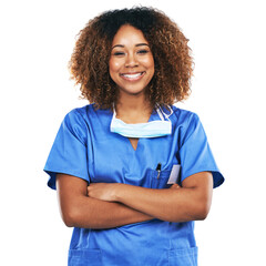 Portrait, nurse and black woman with arms crossed in studio isolated on white background. Face, healthcare or confident, proud and happy female medical physician from Nigeria ready for wellness goals