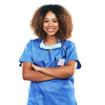 Portrait, Black Woman And Nurse With Arms Crossed In Studio Isolated On White Background. Face, Healthcare Or Confident, Proud And Happy Female Medical Physician From Nigeria Ready For Wellness Goals