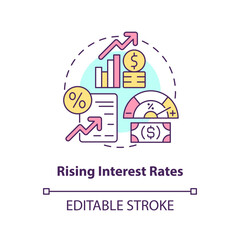 Rising interest rates concept icon. Borrowing costs. Stock market trend abstract idea thin line illustration. Isolated outline drawing. Editable stroke. Arial, Myriad Pro-Bold fonts used