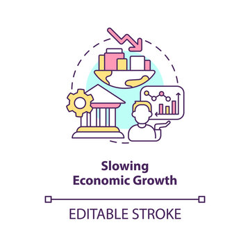 Slowing economic growth concept icon. Financial issues. Stock market trend abstract idea thin line illustration. Isolated outline drawing. Editable stroke. Arial, Myriad Pro-Bold fonts used