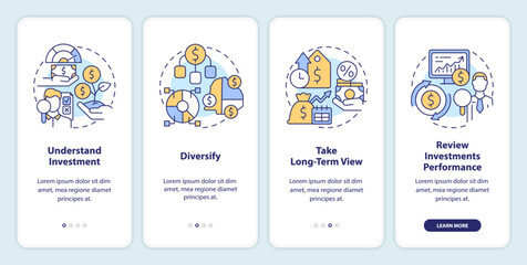 Investing rules onboarding mobile app screen. Trading walkthrough 4 steps editable graphic instructions with linear concepts. UI, UX, GUI template. Myriad Pro-Bold, Regular fonts used