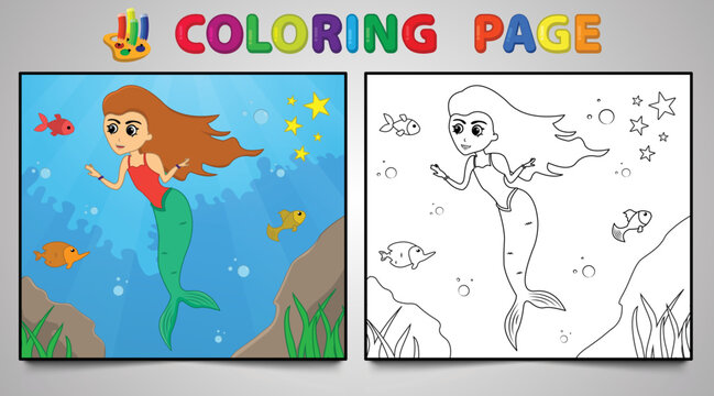 Cartoon mermaid coloring page no: 17 kids activity page with line art vector illustration