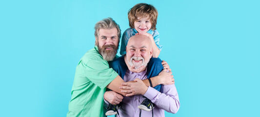 Fathers day. Happy man family concept laugh and have fun together. Three generations ages:...