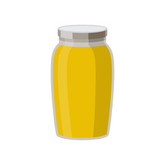 Olive oil in glass jar on white background. Olive product cartoon illustration. Organic food, home pantry concept