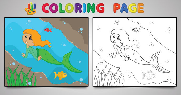 Cartoon mermaid coloring page no: 15 kids activity page with line art vector illustration