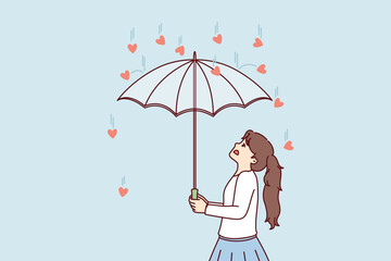 Girl uses umbrella to hide from hearts falling from above, symbolizing overabundance of parental love. Concepts of trying to hiding from courtship and excessive care. Flat vector illustration 