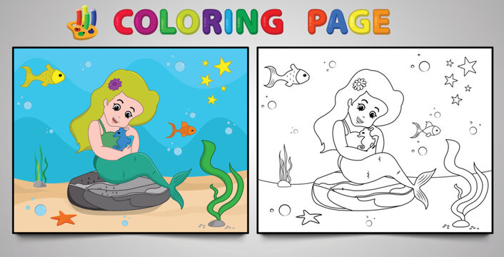 Cartoon mermaid coloring page no: 14 kids activity page with line art vector illustration