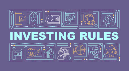Investing rules word concepts dark purple banner. Stock market. Infographics with editable icons on color background. Isolated typography. Vector illustration with text. Arial-Black font used