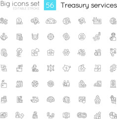 Treasury services linear icons set. Financial management. Finance operations. Business income. Customizable thin line symbols. Isolated vector outline illustrations. Editable stroke