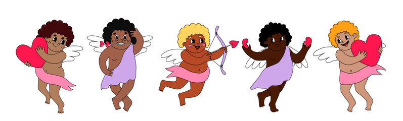Valentine's day set of multi-cultire angels. Diverse of cupids. Vector illustration about love, heart, arrow. Groovy cartoon character