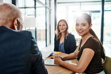 Meeting, planning and teamwork with woman portrait for success, confidence and hr management...