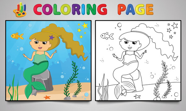 Cartoon mermaid coloring page no: 11 kids activity page with line art vector illustration