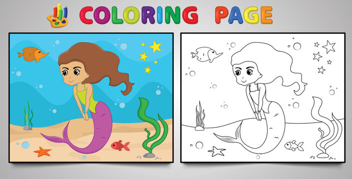 Cartoon mermaid coloring page no: 19 kids activity page with line art vector illustration