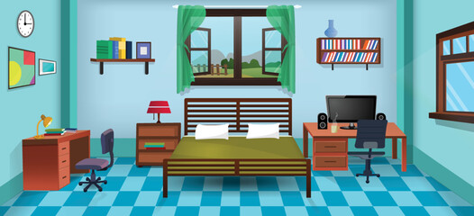 Vector cartoon living room interior with big windows, bed, chair, computer and table.