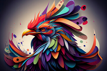 Colorful Crowing Rooster in Polygon. Colorful